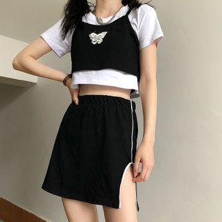 Set: Mock Two-piece Short-sleeve T-shirt + Slit Mini A-line Skirt T-shirt - Black - One Size / Skirt - Black - One Size