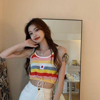 Flower Embroidered Striped Cropped Tank Top As Shown In Figure - One Size