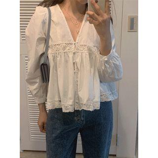 V-neck Lace-trim Shirred Blouse