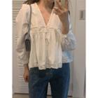 V-neck Lace-trim Shirred Blouse