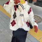 Long-sleeve  V-neck Plaid Knit Cardigan Almond - One Size