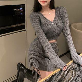 V-neck Knit Crop Top / Drawstring Mini Pencil Skirt
