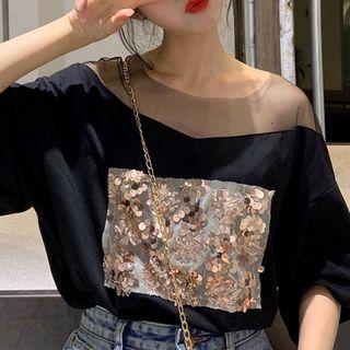 Asymmetric Glitter Off-shoulder Short-sleeve Top Black - One Size