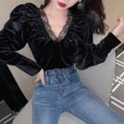 Long-sleeve V-neck Velvet Top Black - One Size