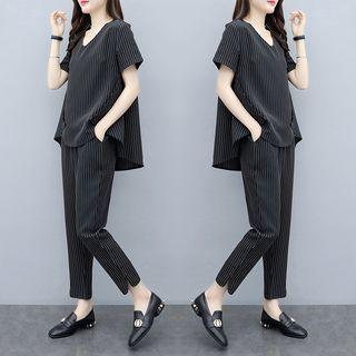 Set: Loose-fit Short-sleeve Striped Top + Striped Pants
