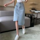Asymmetrical Washed Denim Pencil Skirt