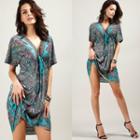 Printed Deep Plunge Short-sleeve Sundress