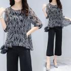 Set: Printed Elbow Sleeve Chiffon Top + Cropped Straight Cut Pants