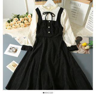 Patchwork Mock Two-piece Midi Dress Black - One Size