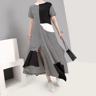 Striped Asymmetrical Medium Midi Dress Black - One Size