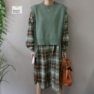 Long-sleeve Plaid Shirt Dress Green - One Size