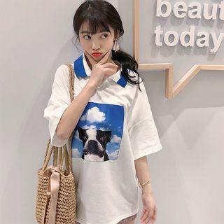 Dog Print Elbow-sleeve Polo Shirt