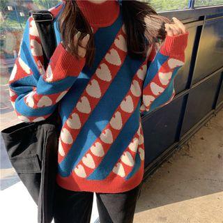 Turtleneck Heart Print Sweater As Shown In Figure - One Size