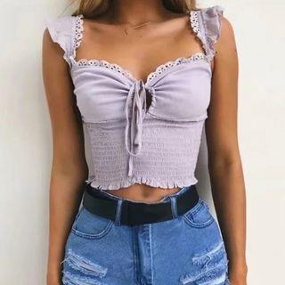 Lace-trim Tie-front Ruffled Crop Camisole Top