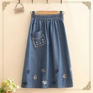 Cat & Paw Embroidered Denim Skirt