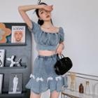 Puff-sleeve Crop Denim Blouse / A-line Denim Skirt