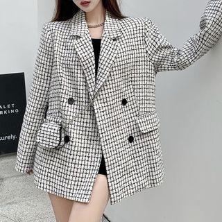 Set: Plaid Double-breasted Blazer + Mini Chain Crossbody Bag