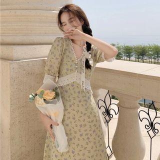 Short-sleeve Flower Print Midi A-line Dress Flower Print - Light Yellow - One Size