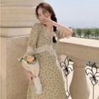 Short-sleeve Flower Print Midi A-line Dress Flower Print - Light Yellow - One Size