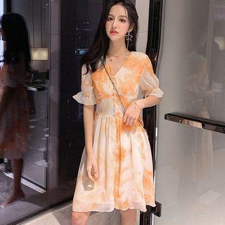 Elbow-sleeve Frill Trim Chiffon A-line Dress