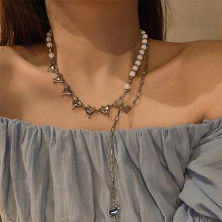 Heart Pendant Faux Pearl Choker 1 Pc - Silver - One Size