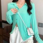 Long-sleeve Side-slit Collared T-shirt