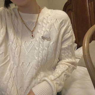 Long-sleeve Round-neck Cropped Heart Cable-knit Top