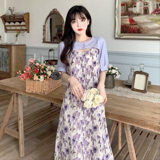 Set: Short-sleeve Shrug + Spaghetti Strap Floral Print Dress