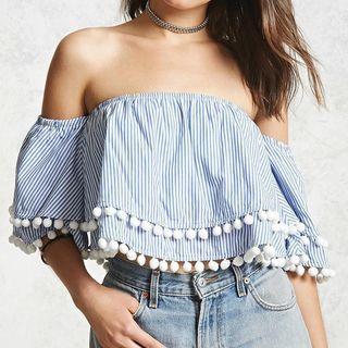 Off-shoulder Short-sleeve Striped T-shirt