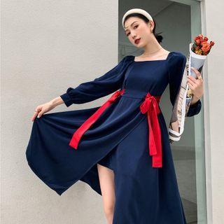 Square-neck Bow Slit Midi A-line Dress