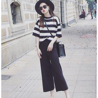 Set: Striped Short-sleeve T-shirt + Wide Leg Pants