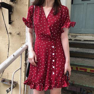 Short-sleeve Frill Trim Heart Patterned A-line Mini Dress