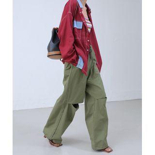 Slit-knee Wide Pants Khaki - One Size