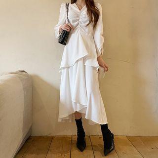 Puff-sleeve Shirred Ruffled Maxi Dress
