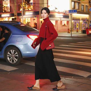 Turtleneck Cropped Sweater / High Waist Midi A-line Skirt / Set