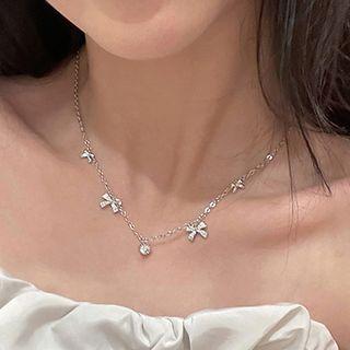 Bow Rhinestone Alloy Necklace Bow - Silver - One Size