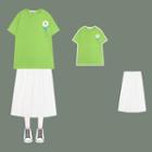 Short-sleeve Flower Print T-shirt / Midi A-line Skirt