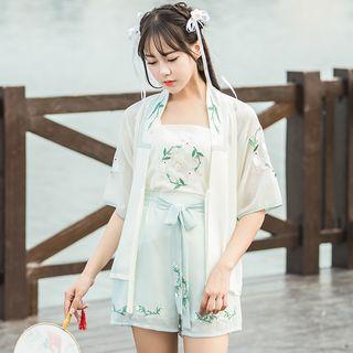 Hanfu Set: Short-sleeve Light Jacket + Camisole Top + Shorts
