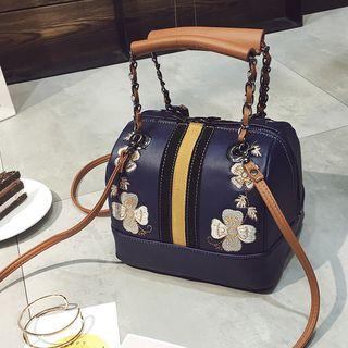 Flower Embroidered Chain Strap Boston Bag