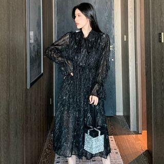 Tie-neck Long-sleeve Fringed Midi A-line Dress Black - One Size