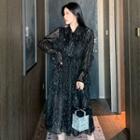Tie-neck Long-sleeve Fringed Midi A-line Dress Black - One Size