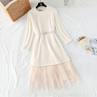 Set: Round Neck Long Sweater + Mesh Overlay Midi Skirt