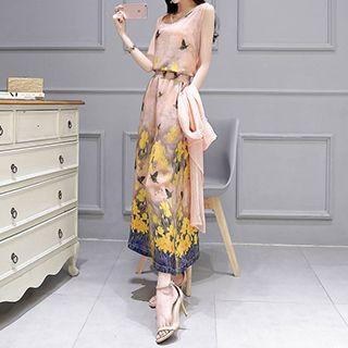 Set: 3/4 Sleeve Long Light Jacket + Printed Tank Top + Chiffon Culottes