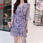3/4 Sleeve Floral Printed V-neck Chiffon Dress Purple - One Size