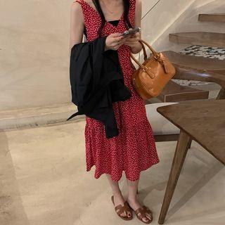 Spaghetti-strap V-neck Floral Midi A-line Dress Red - One Size