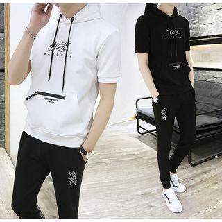 Set: Short-sleeve Lettering Hoodie + Sweatpants