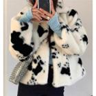 Cow Print Fluffy Button Jacket White - One Size