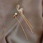 Non-matching Rhinestone Swan Faux Pearl Fringed Earring 1 Pair - As Shown In Figure - One Size