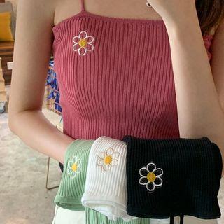 Spaghetti Strap Embroidered Flower Knit Top