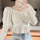 Long-sleeve Shirred Frill Trim Crop Top Off-white - One Size
